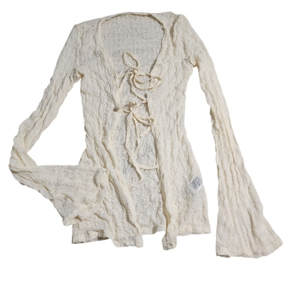 Fairycore Boho Lace Tie Front Cardigan Women Small Cream cottagecore Layering - Picture 2 of 10